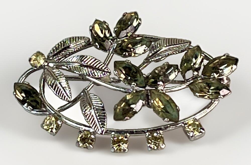 VAN DELL 925 Sterling Silver And Crystal Vintage Art Deco Floral Pin Brooch